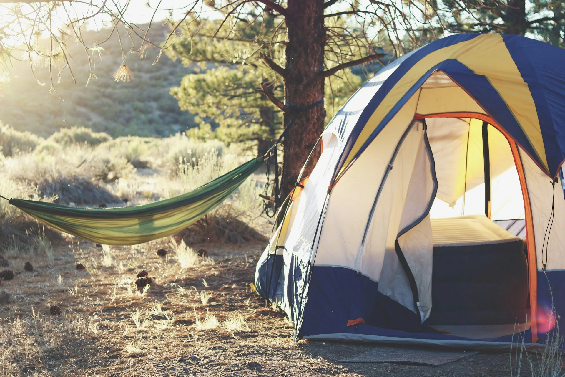 Tenda dan hammock di area berkemah